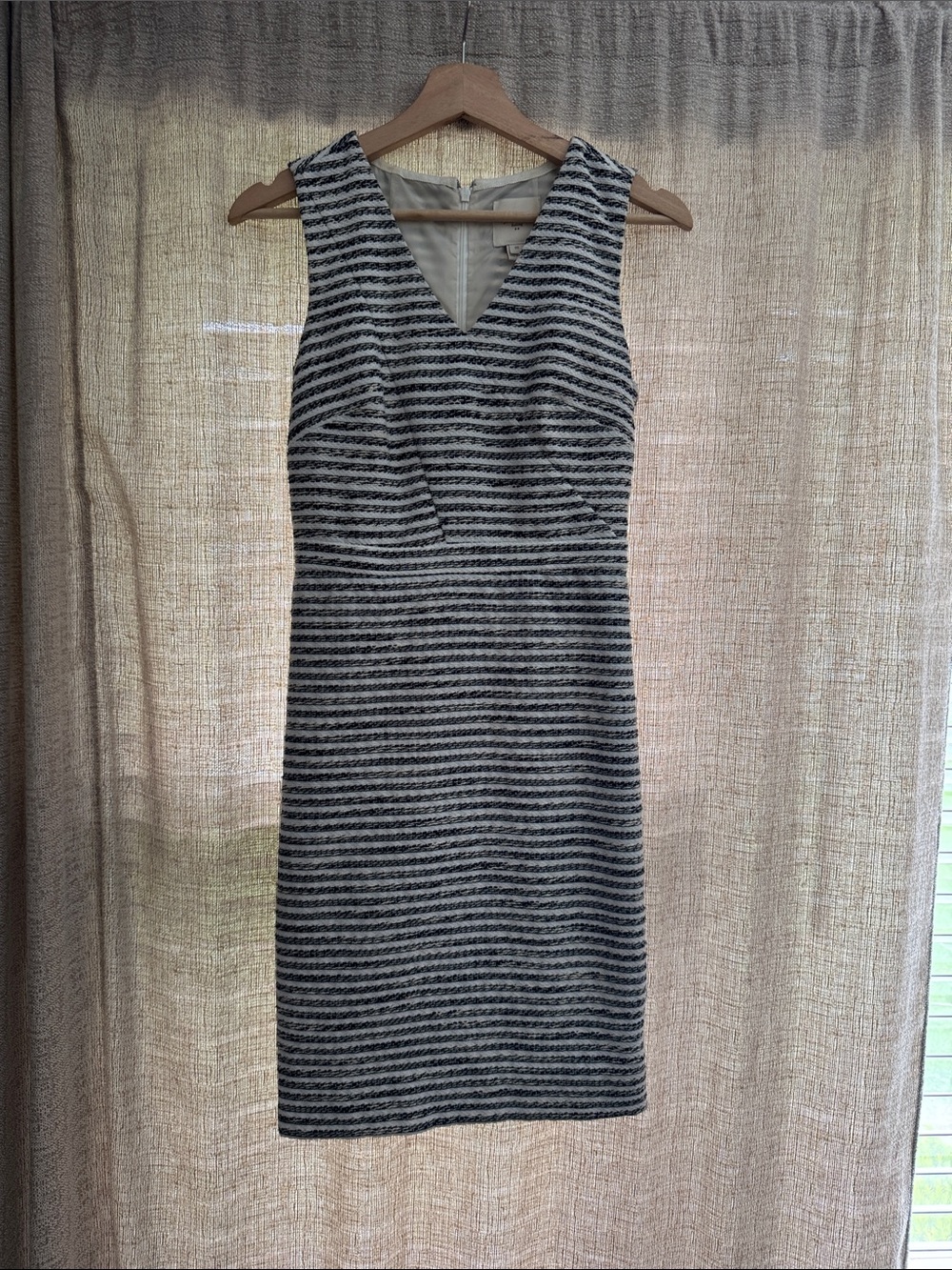 J. Crew Suiting Black, White and Cream Striped V-Neck Midi Sheath Dress